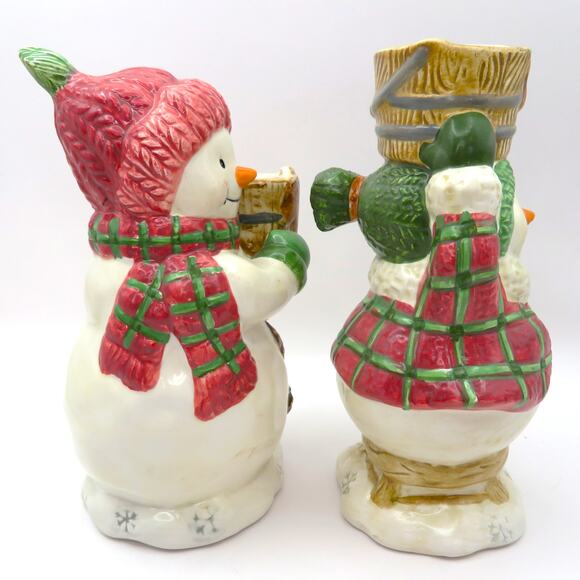 BICO Snowman Candleholder Set Christmas Ceramic Plaid Winter Decor 6 Inch Pair - Picture 3 of 12